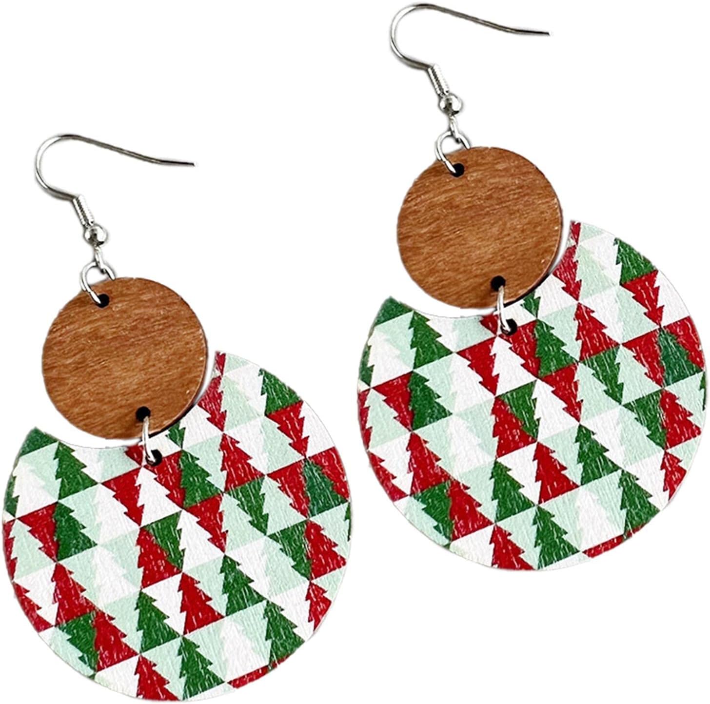 Colorful Christmas Plaid Round Wooden Dangle Earrings Dainty Christmas Plaid Snowflake Deer Tree Flower Print Earrings for Women Girls Jewelry - 我的商店我的商店我的商店