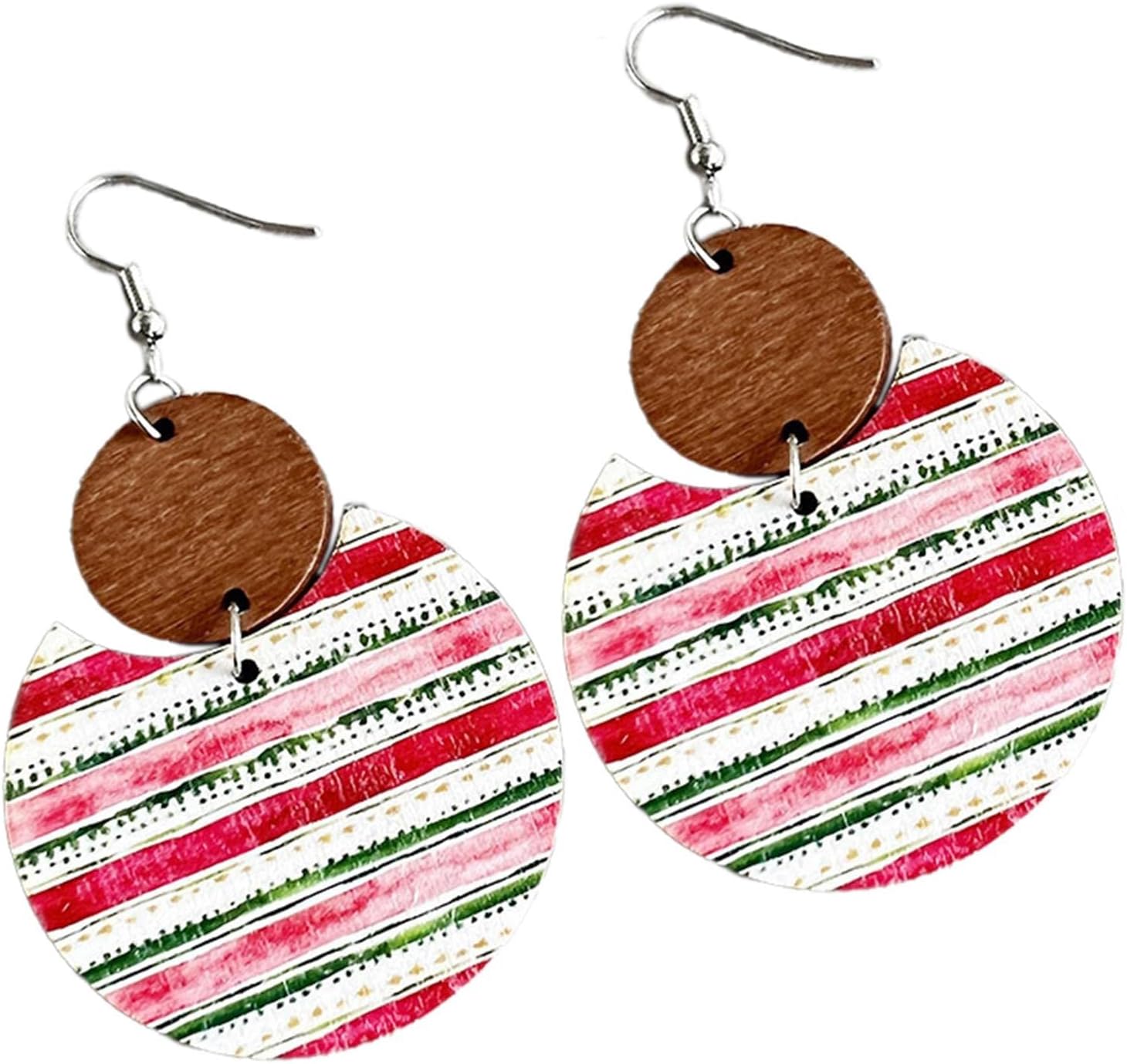 Colorful Christmas Plaid Round Wooden Dangle Earrings Dainty Christmas Plaid Snowflake Deer Tree Flower Print Earrings for Women Girls Jewelry - 我的商店我的商店我的商店