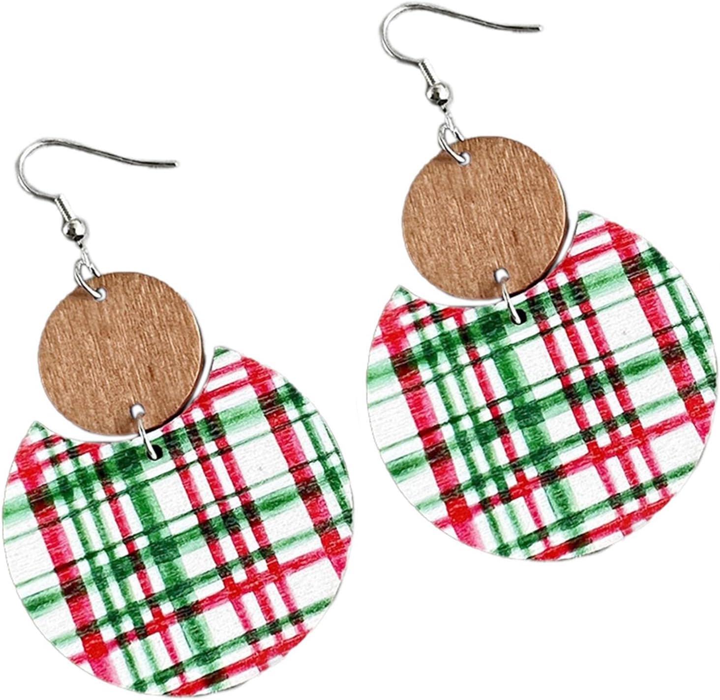 Colorful Christmas Plaid Round Wooden Dangle Earrings Dainty Christmas Plaid Snowflake Deer Tree Flower Print Earrings for Women Girls Jewelry - 我的商店我的商店我的商店
