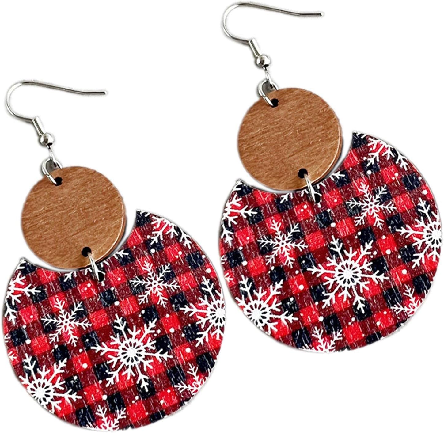 Colorful Christmas Plaid Round Wooden Dangle Earrings Dainty Christmas Plaid Snowflake Deer Tree Flower Print Earrings for Women Girls Jewelry - 我的商店我的商店我的商店