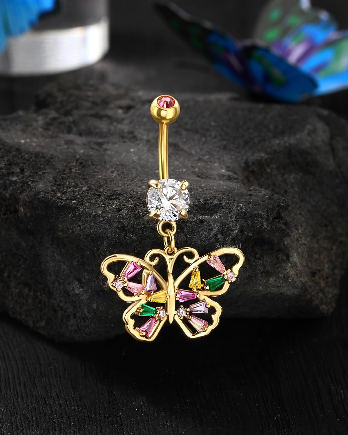 Colorful CZ Butterfly Belly Button Rings 14G Belly Navel Rings for Women Stainless Steel Belly Navel Piercing Jewelry - QIAO CrystalQIAO CrystalQIAO Crystal