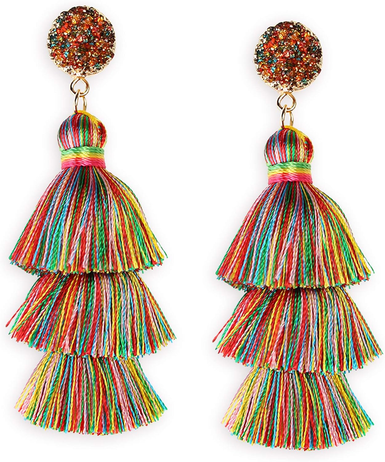 Colorful Layered Tassel Earrings Bohemian Statement Tiered Tassel Big Dangle Drop Earrings for Women Druzy Studs Christmas Mother's Day Gift - QIAO Crystal我的商店QIAO Crystal