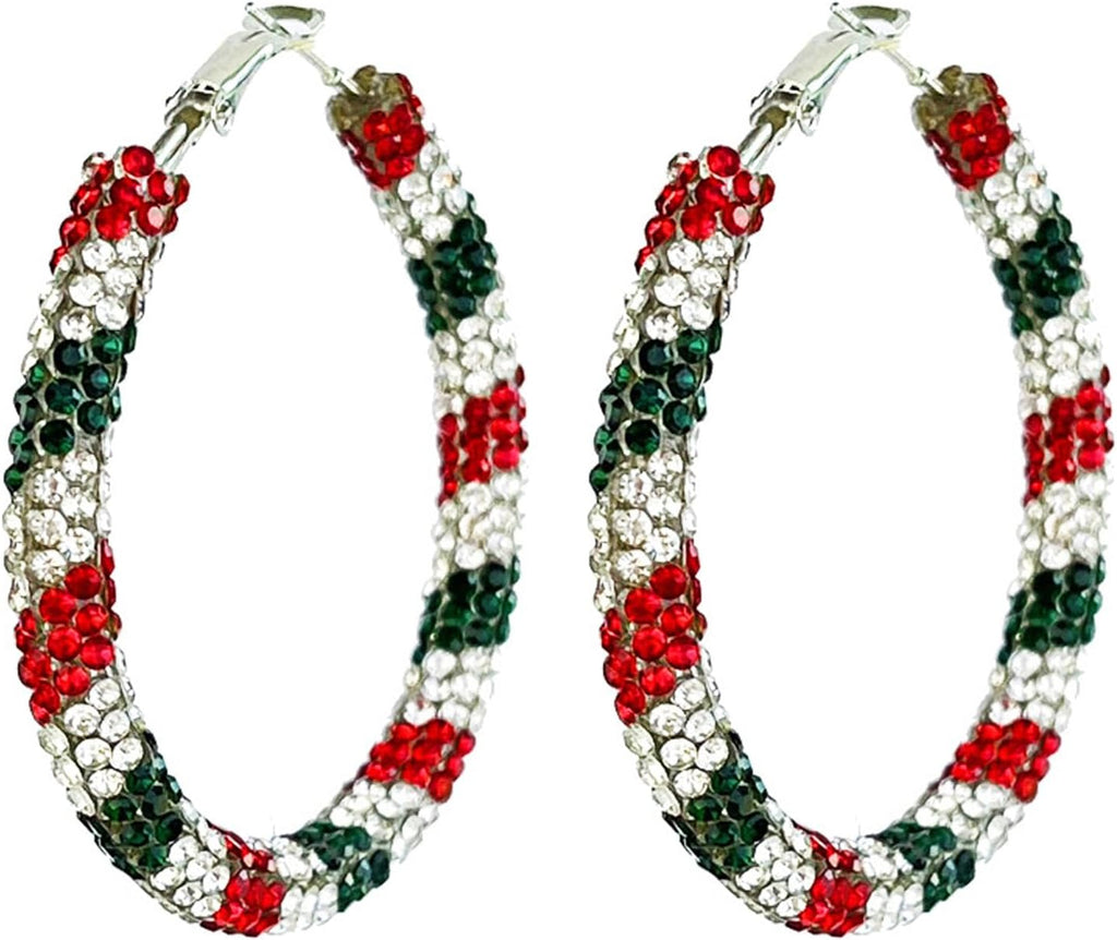 Colorful Shiny Glitter Christmas Sequins Wrapped Big Hoop Earrings Handmade Sparkle Rhinestone Crystal Red Green White Circle Round Dangle Earrings for Women Xmas Party Holiday Jewelry Gifts - 我的商店我的商店我的商店