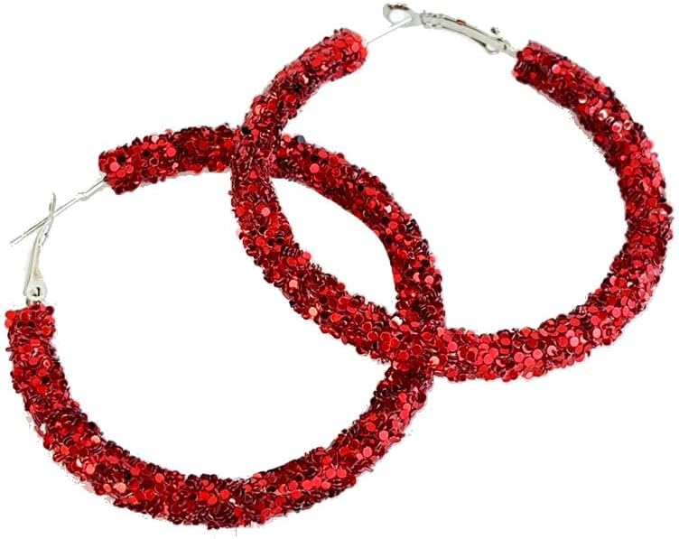 Colorful Shiny Glitter Christmas Sequins Wrapped Big Hoop Earrings Handmade Sparkle Rhinestone Crystal Red Green White Circle Round Dangle Earrings for Women Xmas Party Holiday Jewelry Gifts - 我的商店我的商店我的商店