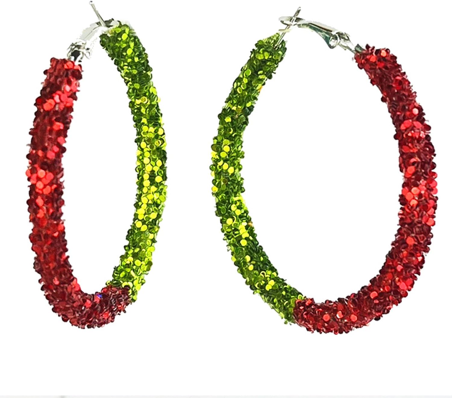 Colorful Shiny Glitter Christmas Sequins Wrapped Big Hoop Earrings Handmade Sparkle Rhinestone Crystal Red Green White Circle Round Dangle Earrings for Women Xmas Party Holiday Jewelry Gifts - 我的商店我的商店我的商店
