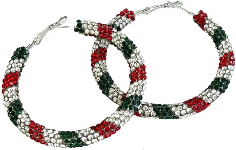 Colorful Shiny Glitter Christmas Sequins Wrapped Big Hoop Earrings Handmade Sparkle Rhinestone Crystal Red Green White Circle Round Dangle Earrings for Women Xmas Party Holiday Jewelry Gifts - 我的商店我的商店我的商店