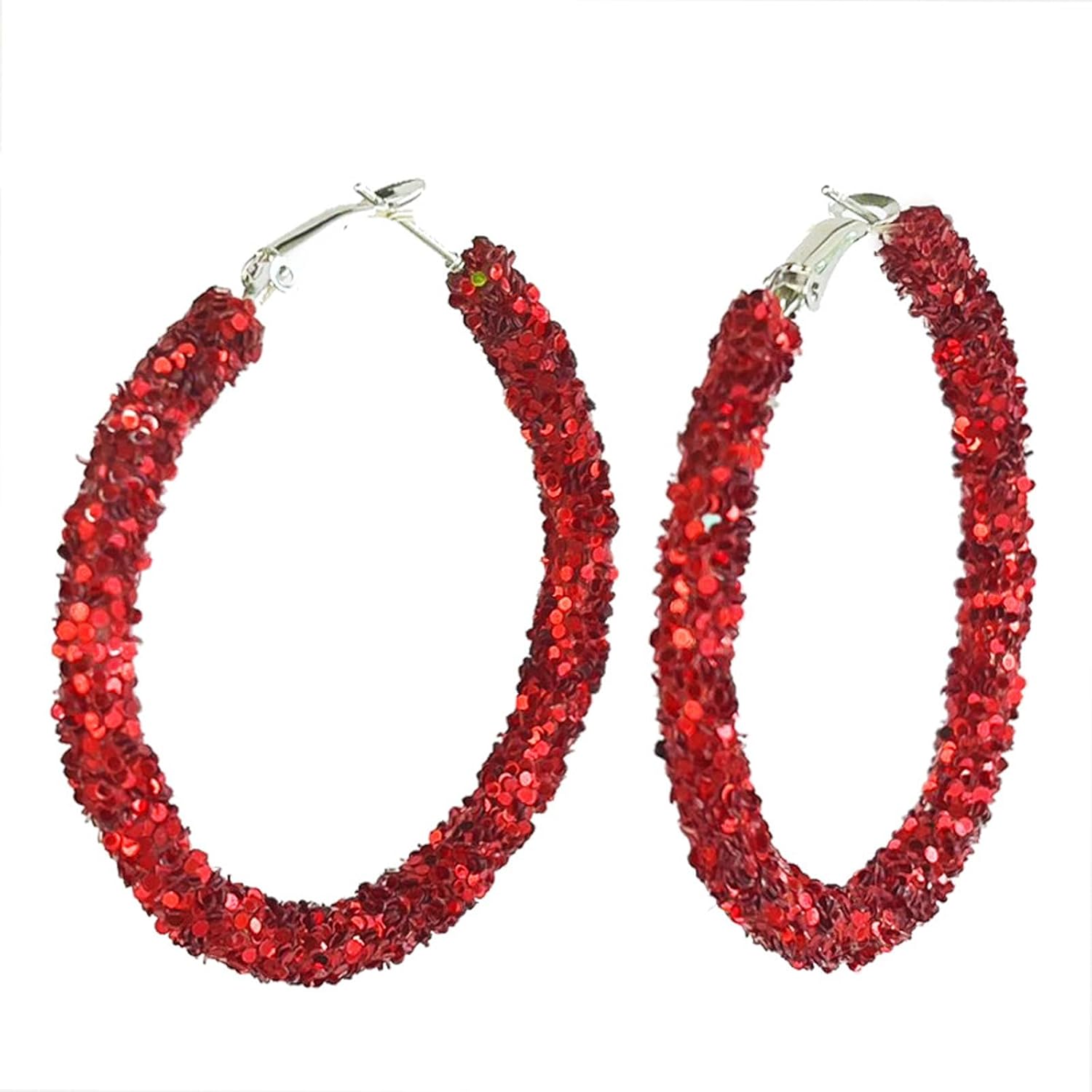 Colorful Shiny Glitter Christmas Sequins Wrapped Big Hoop Earrings Handmade Sparkle Rhinestone Crystal Red Green White Circle Round Dangle Earrings for Women Xmas Party Holiday Jewelry Gifts - 我的商店我的商店我的商店