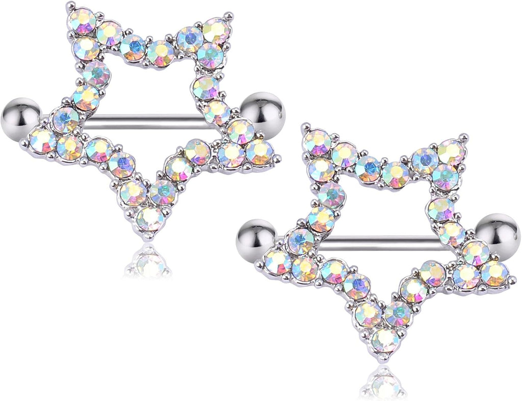 CrazyPiercing Nipple Barbell Ring, Rhinestone Paved Star Shape Nipplerings Piercing, Stainless Steel 14G Nipple Rings Shields Body Piercing Sold As a Pair - QIAO CrystalQIAO CrystalQIAO Crystal