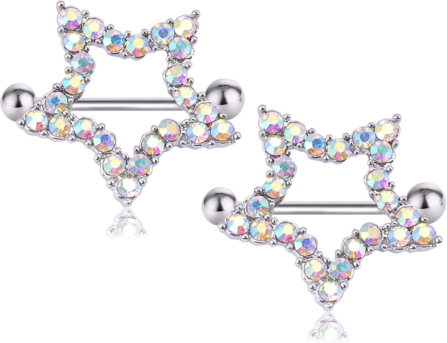 CrazyPiercing Nipple Barbell Ring, Rhinestone Paved Star Shape Nipplerings Piercing, Stainless Steel 14G Nipple Rings Shields Body Piercing Sold As a Pair - QIAO CrystalQIAO CrystalQIAO Crystal