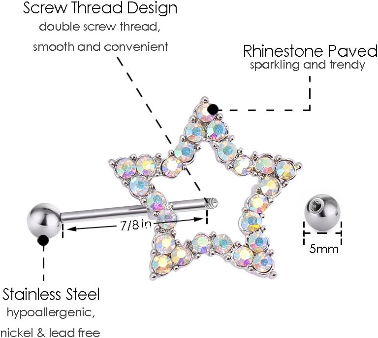 CrazyPiercing Nipple Barbell Ring, Rhinestone Paved Star Shape Nipplerings Piercing, Stainless Steel 14G Nipple Rings Shields Body Piercing Sold As a Pair - QIAO CrystalQIAO CrystalQIAO Crystal