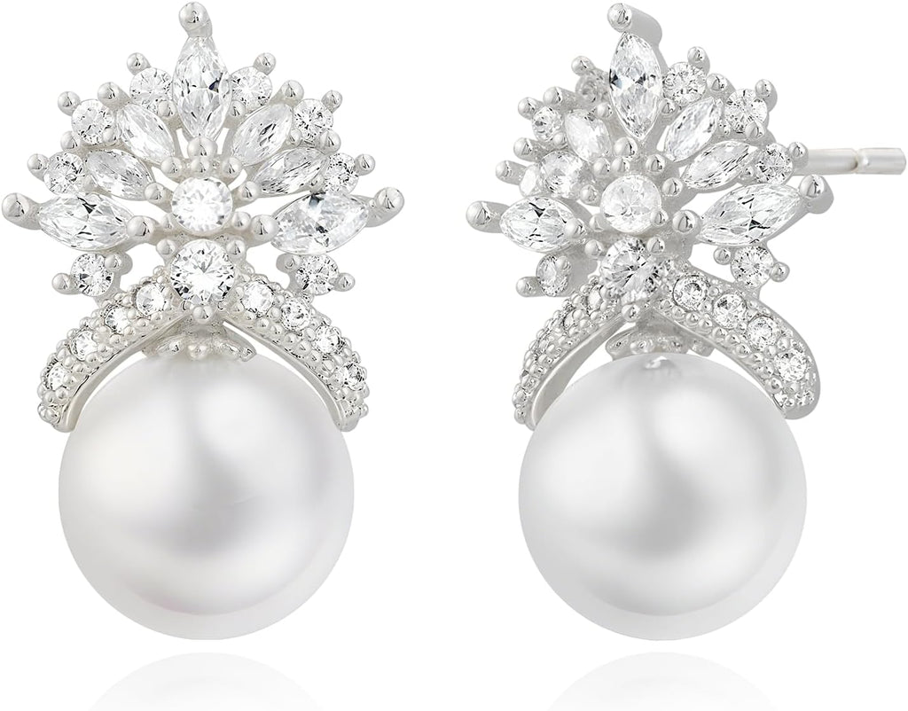 Crown Pearl Drop Earrings for Women - Elegant Bridal Wedding Jewelry with 10MM Faux Pearl & Sparkling CZ Stones, 925 Sterling Silver Post - 我的商店我的商店我的商店