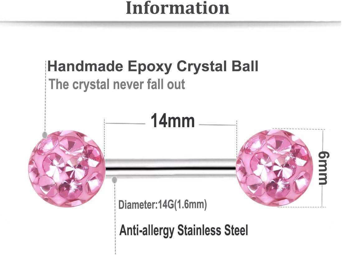 Crystal 14G Studs Nipple Rings Piercing Barbell Anti - allergy Surgical Steel Pairs - QIAO CrystalQIAO CrystalQIAO Crystal