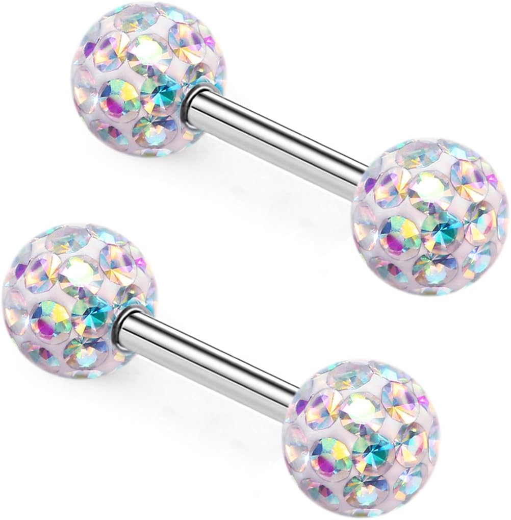Crystal 14G Studs Nipple Rings Piercing Barbell Anti - allergy Surgical Steel Pairs - QIAO CrystalQIAO CrystalQIAO Crystal