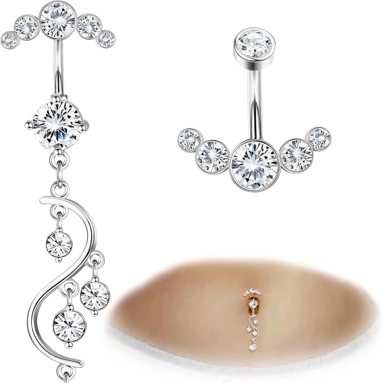 Crystal Belly Button Ring for Women Unique 14G 316L Stainless Steel Dangle Belly Rings Belly Piercing Jewelry Navel Barbell Bling Crystals Body Jewelry - 我的商店我的商店我的商店