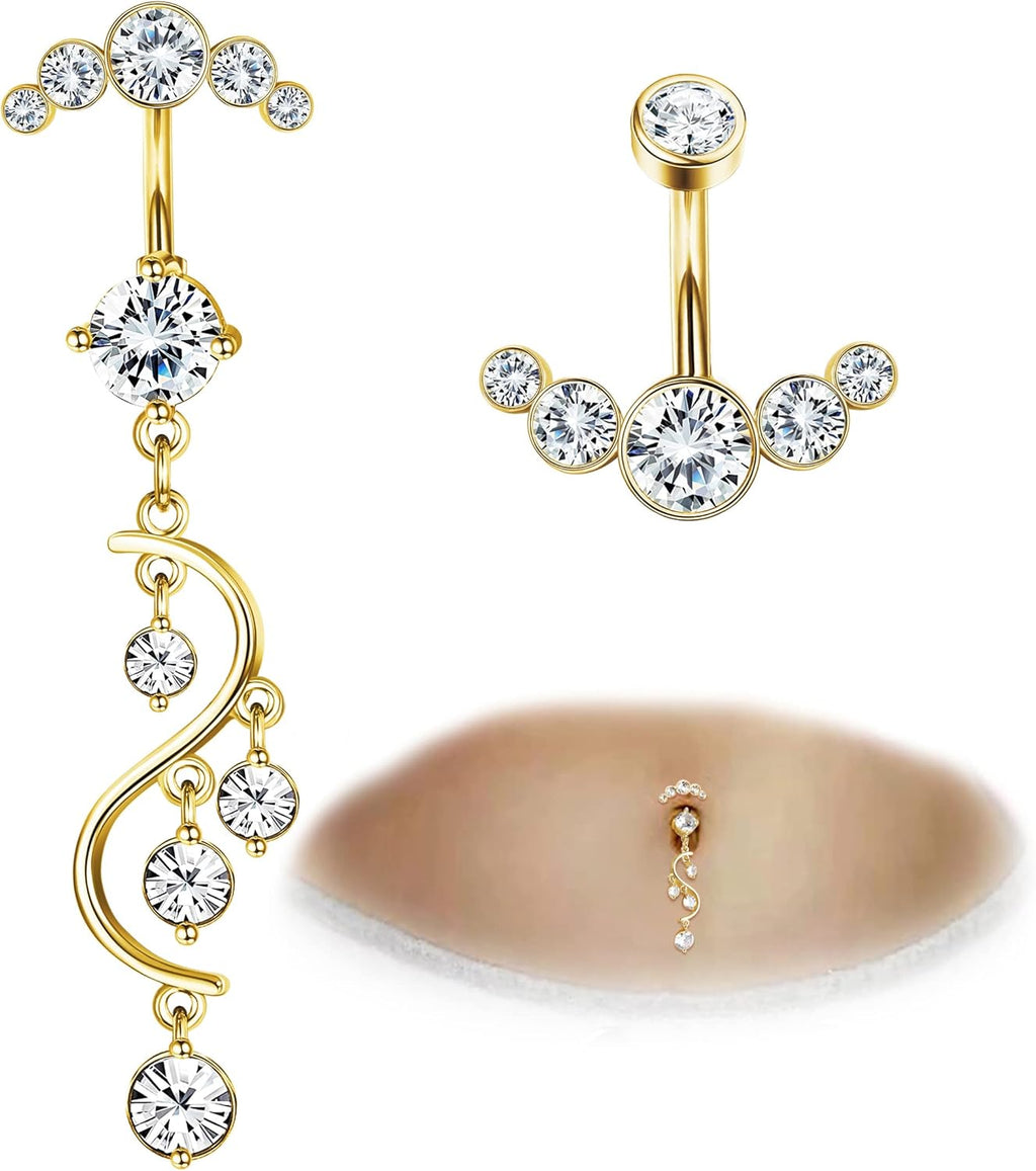 Crystal Belly Button Ring for Women Unique 14G 316L Stainless Steel Dangle Belly Rings Belly Piercing Jewelry Navel Barbell Bling Crystals Body Jewelry - 我的商店我的商店我的商店