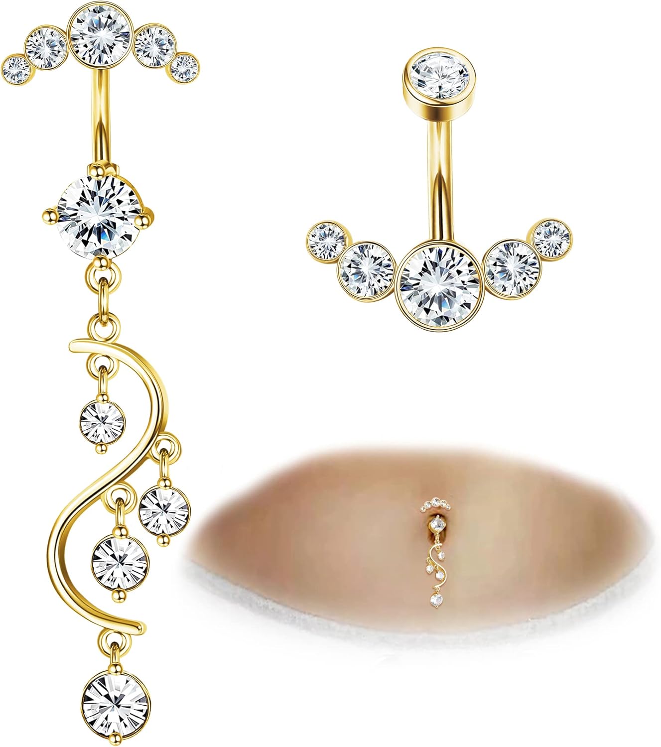 Crystal Belly Button Ring for Women Unique 14G 316L Stainless Steel Dangle Belly Rings Belly Piercing Jewelry Navel Barbell Bling Crystals Body Jewelry - 我的商店我的商店我的商店