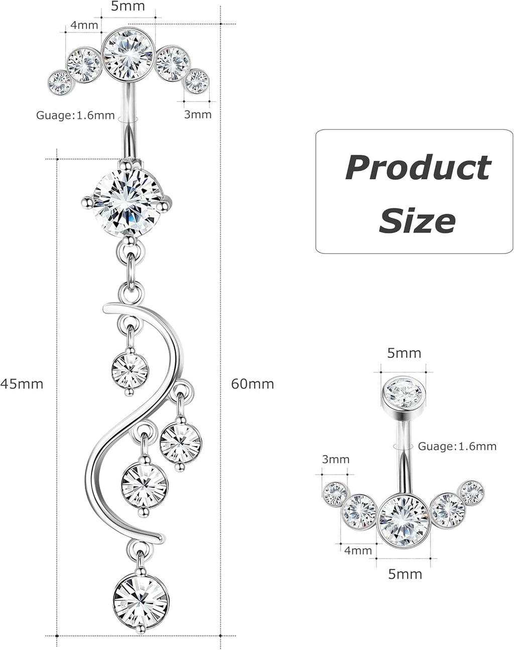 Crystal Belly Button Ring for Women Unique 14G 316L Stainless Steel Dangle Belly Rings Belly Piercing Jewelry Navel Barbell Bling Crystals Body Jewelry - 我的商店我的商店我的商店