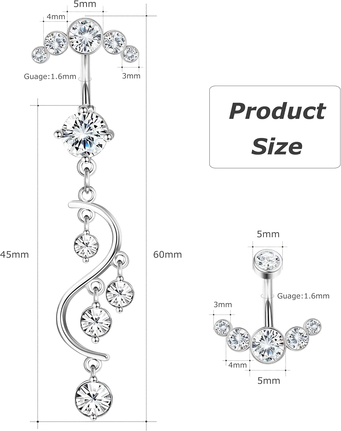 Crystal Belly Button Ring for Women Unique 14G 316L Stainless Steel Dangle Belly Rings Belly Piercing Jewelry Navel Barbell Bling Crystals Body Jewelry - 我的商店我的商店我的商店