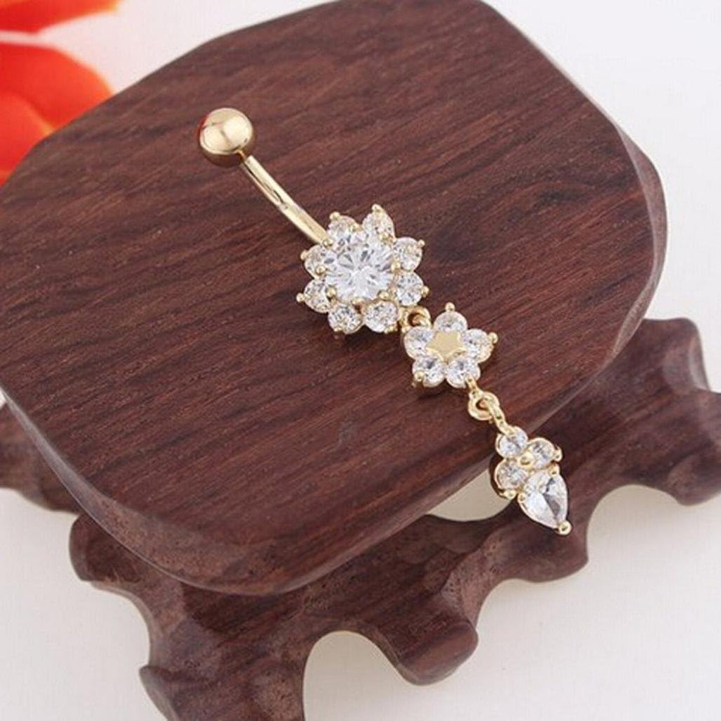 Crystal Ring Body Dangle Barbell Bar Belly Button Ring (Gold, 2 Inches) - 我的商店我的商店我的商店