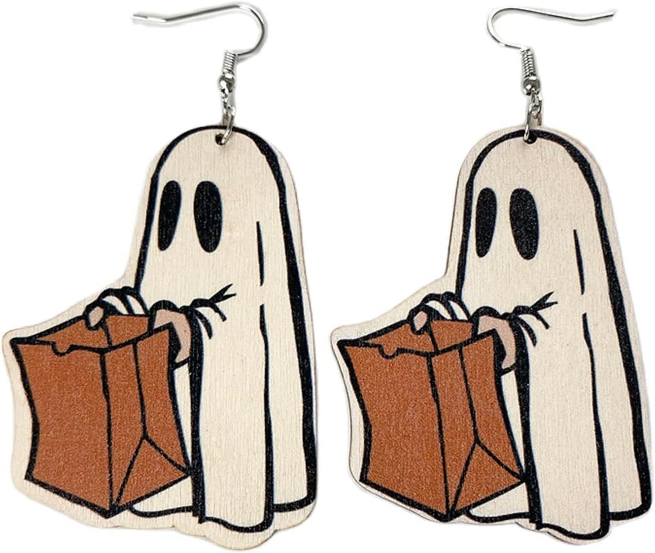 Cute Cartoon Halloween Theme Earrings Ghost Pumpkin Wooden Dangle Earrings Creative Jewelry for Halloween Party Exaggeration Accessories - 我的商店我的商店我的商店