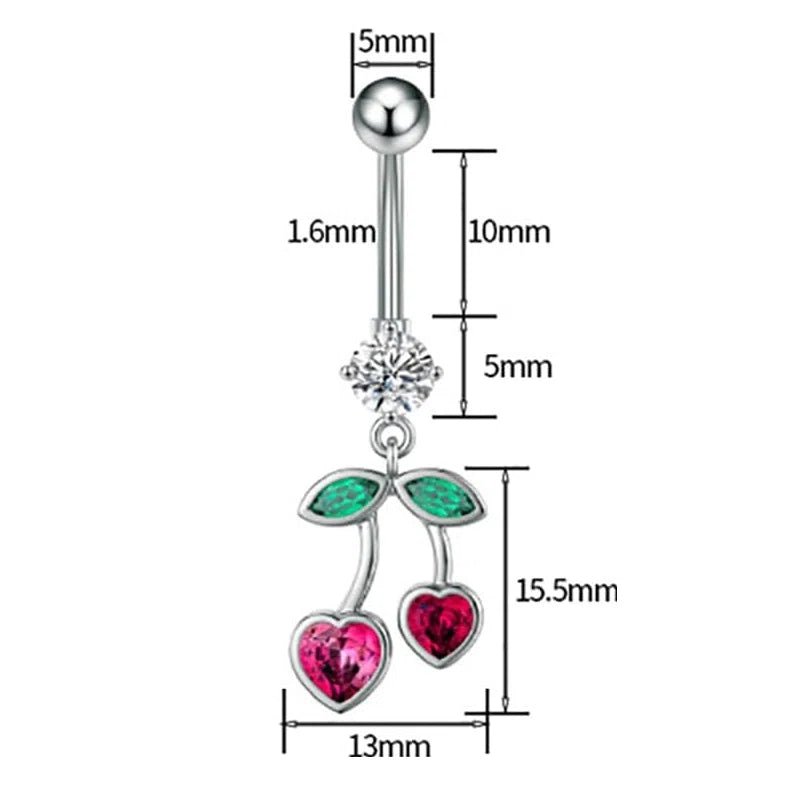 Cute Cherry Dangle Belly Button Rings 14G Stainless Steel Fruit Belly Navel Rings Internally Threaded Dangling - QIAO CrystalQIAO CrystalQIAO Crystal