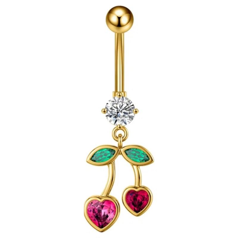 Cute Cherry Dangle Belly Button Rings 14G Stainless Steel Fruit Belly Navel Rings Internally Threaded Dangling - QIAO CrystalQIAO CrystalQIAO Crystal