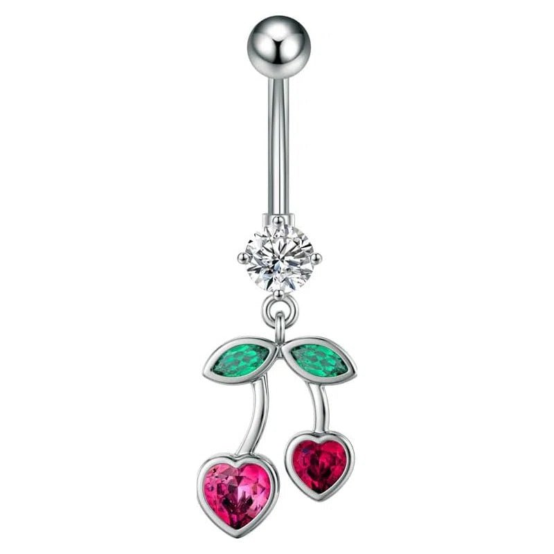 Cute Cherry Dangle Belly Button Rings 14G Stainless Steel Fruit Belly Navel Rings Internally Threaded Dangling - QIAO CrystalQIAO CrystalQIAO Crystal