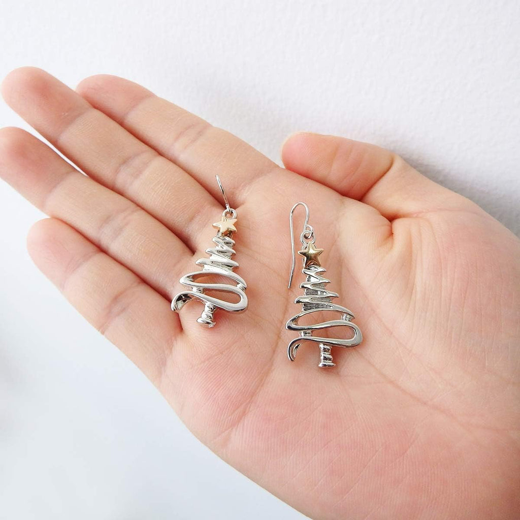 Cute Christmas Tree Piercing Dangle Earrings Golden Silver Two Tone Women Holiday Gift - 我的商店我的商店我的商店