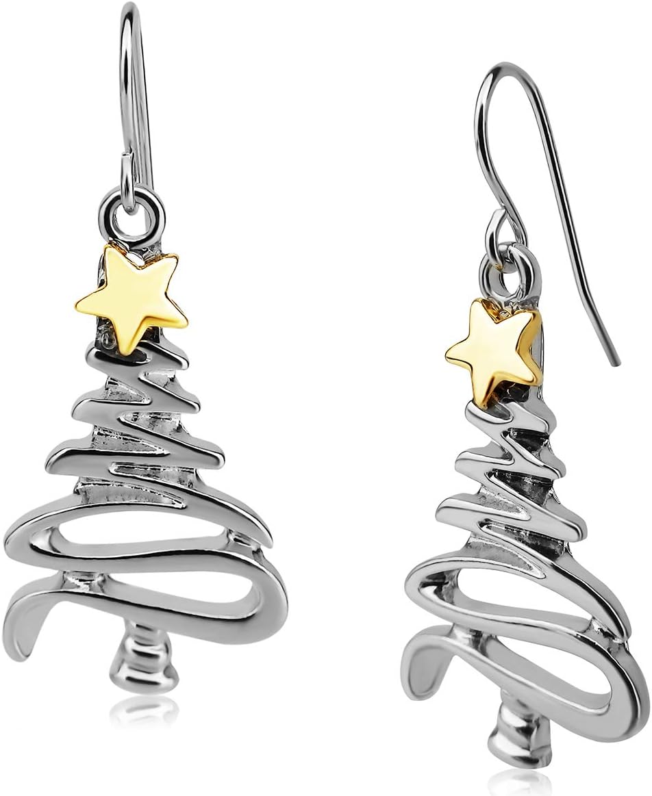 Cute Christmas Tree Piercing Dangle Earrings Golden Silver Two Tone Women Holiday Gift - 我的商店我的商店我的商店