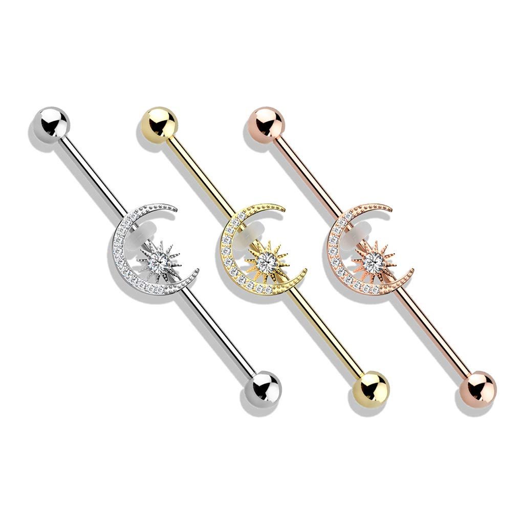 CZ Crystal Paved Crescent Moon and Star Stainless Steel Industrial Barbell - QIAO Crystal我的商店QIAO Crystal