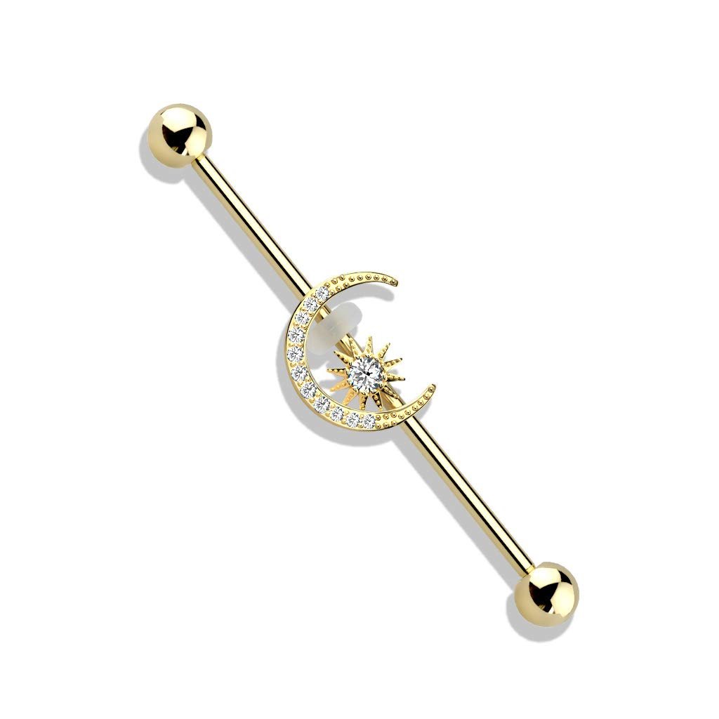 CZ Crystal Paved Crescent Moon and Star Stainless Steel Industrial Barbell - QIAO Crystal我的商店QIAO Crystal