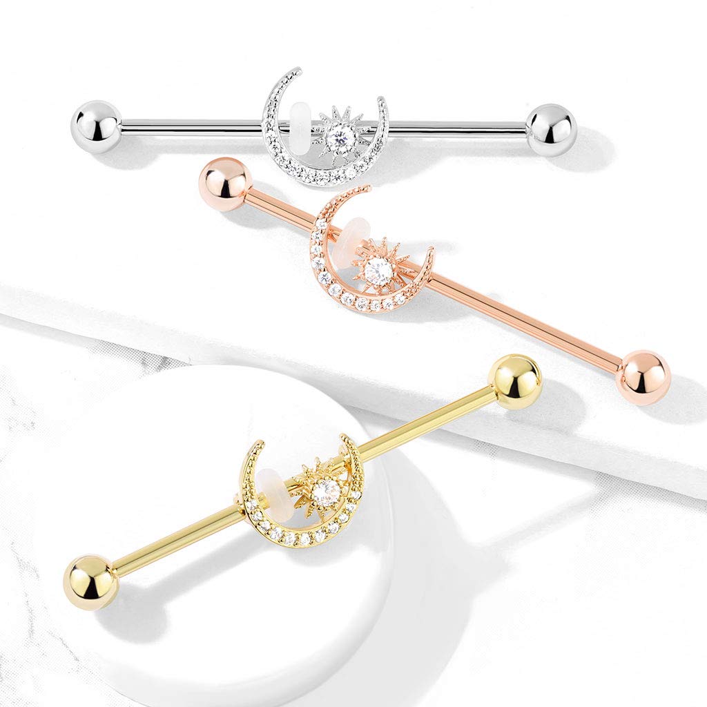 CZ Crystal Paved Crescent Moon and Star Stainless Steel Industrial Barbell - QIAO Crystal我的商店QIAO Crystal
