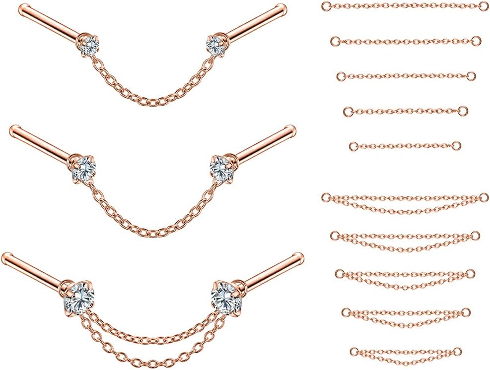 CZ Studs with Chain Surgical Steel Nose Piercing Jewelry - QIAO CrystalQIAO CrystalQIAO Crystal