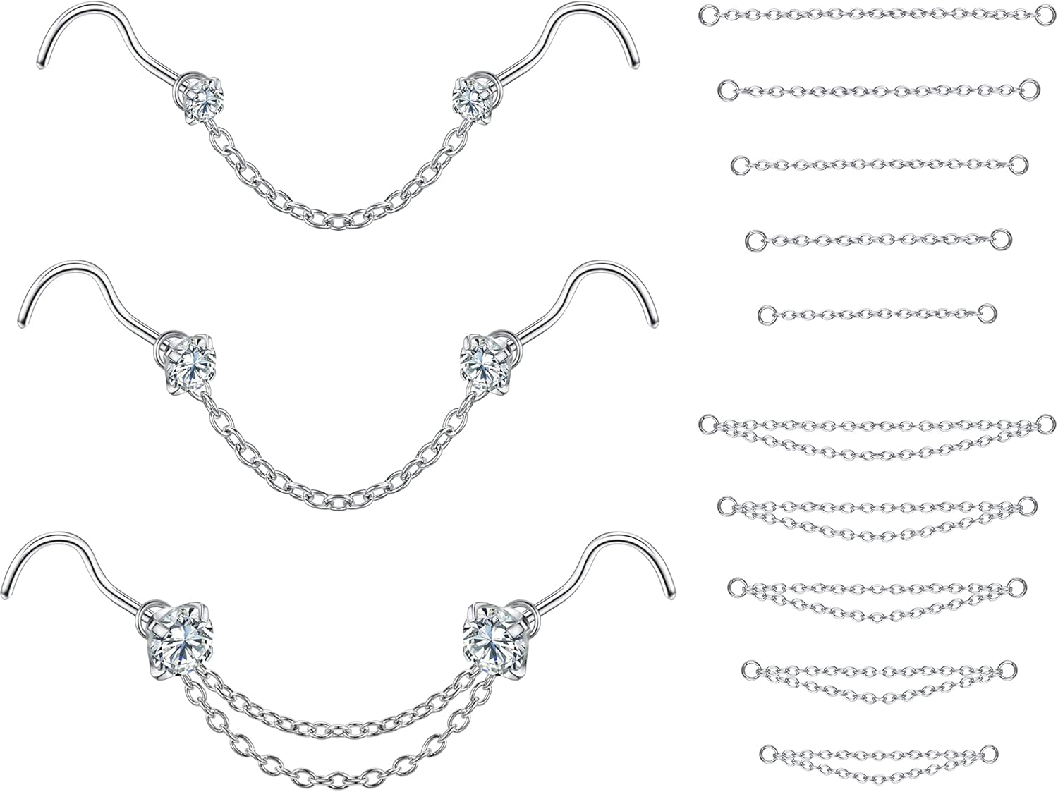 CZ Studs with Chain Surgical Steel Nose Piercing Jewelry - QIAO CrystalQIAO CrystalQIAO Crystal