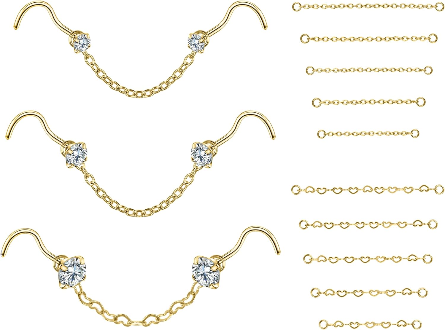 CZ Studs with Chain Surgical Steel Nose Piercing Jewelry - QIAO CrystalQIAO CrystalQIAO Crystal