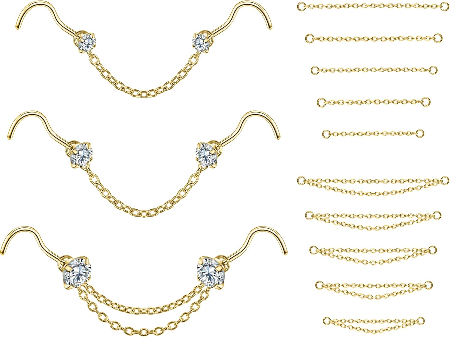 CZ Studs with Chain Surgical Steel Nose Piercing Jewelry - QIAO CrystalQIAO CrystalQIAO Crystal