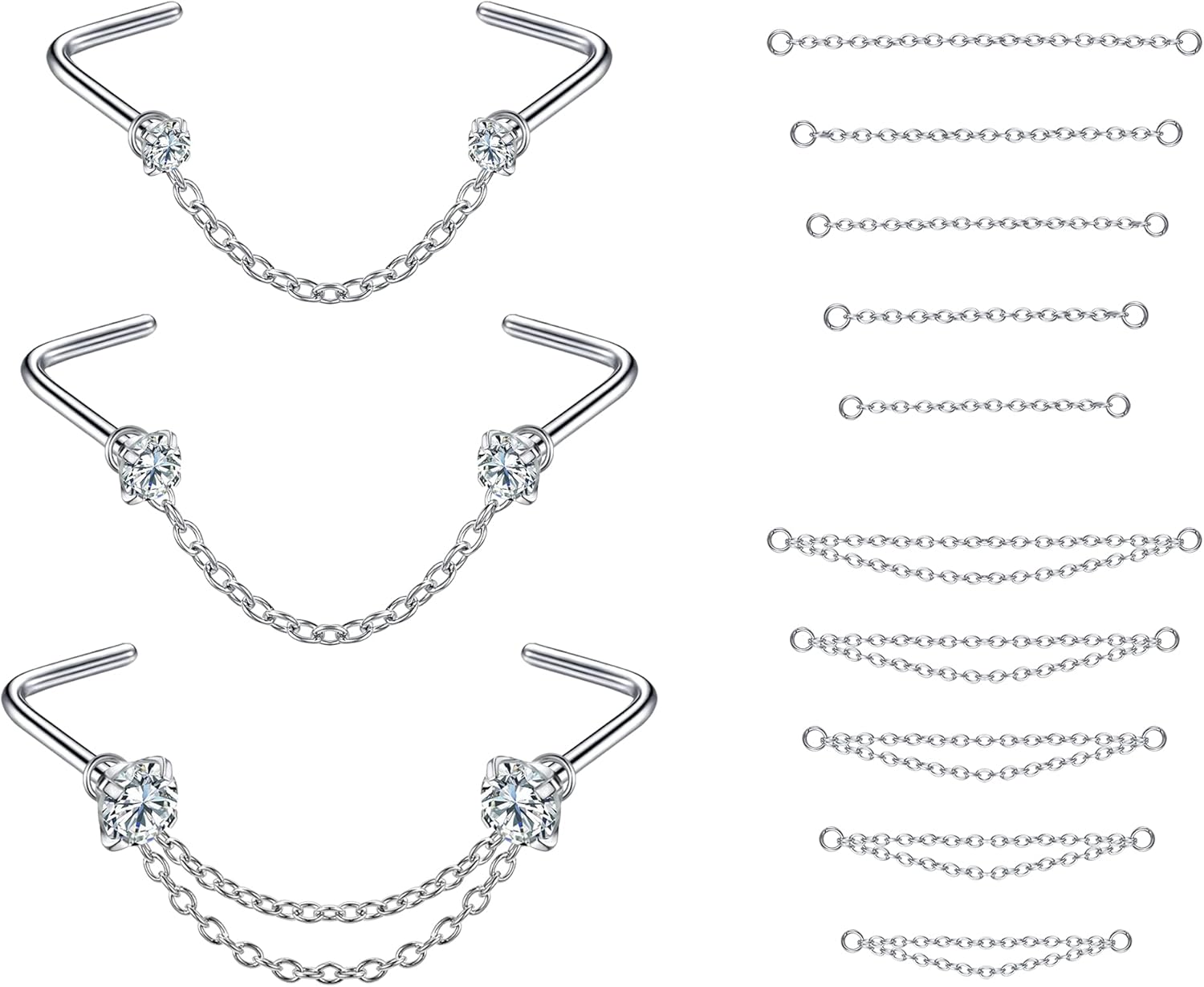 CZ Studs with Chain Surgical Steel Nose Piercing Jewelry - QIAO CrystalQIAO CrystalQIAO Crystal