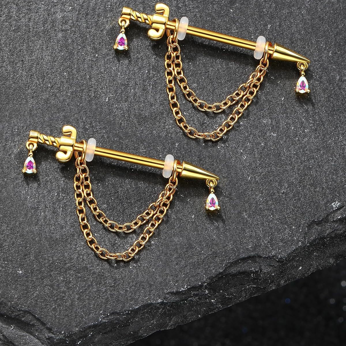 Dagger Nipple Ring 316L Stainless Steel Dangle Chain Nipple Piercing Jewelry 14G Gold Nipple Barbells for Women - QIAO CrystalQIAO CrystalQIAO Crystal