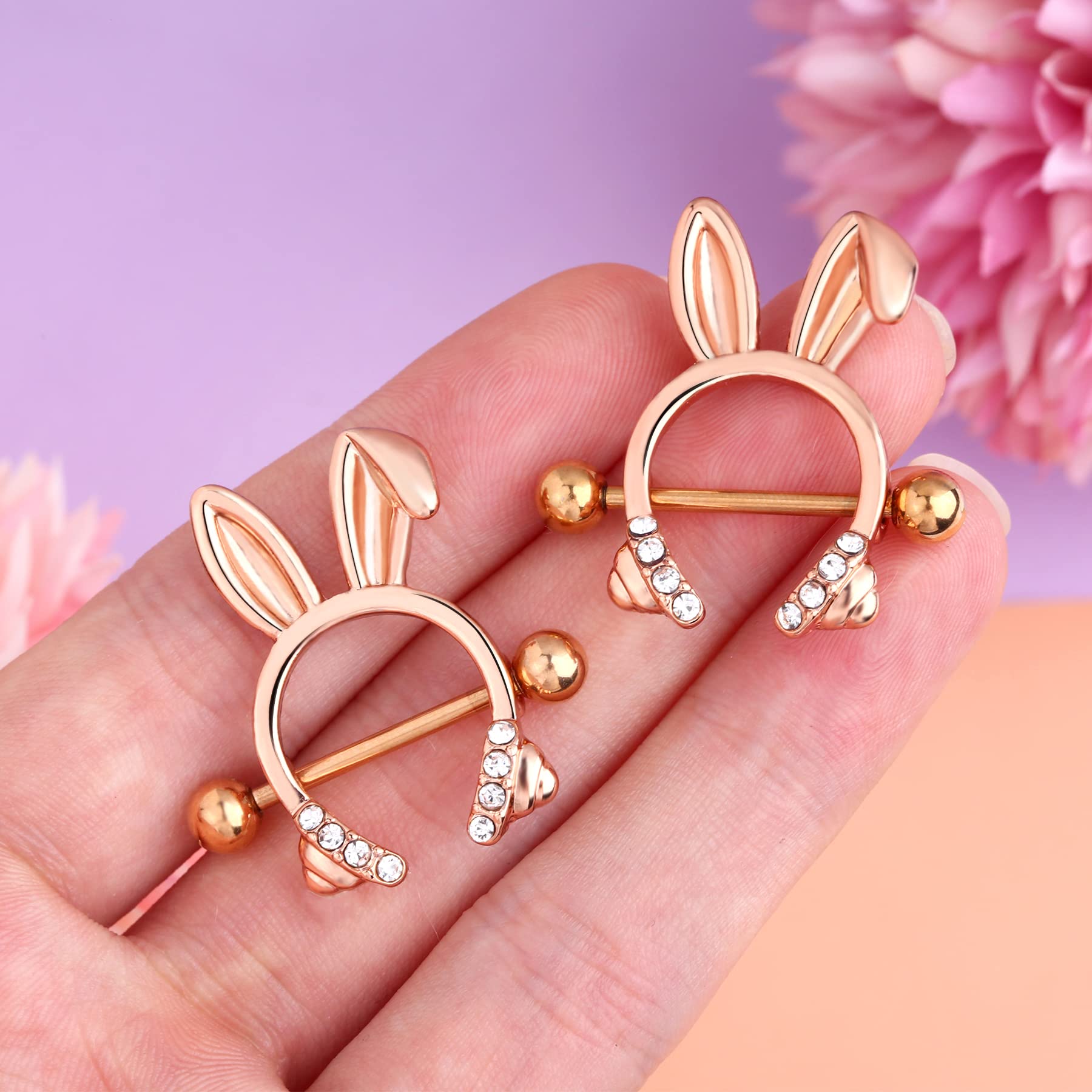 Dainty Rabbit Nipple Rings 14G Rosy Bunny Ear Clear CZ Nipple Piercing Barbell Surgical Steel 316L Piercing Jewelry for Women - QIAO Crystal我的商店QIAO Crystal