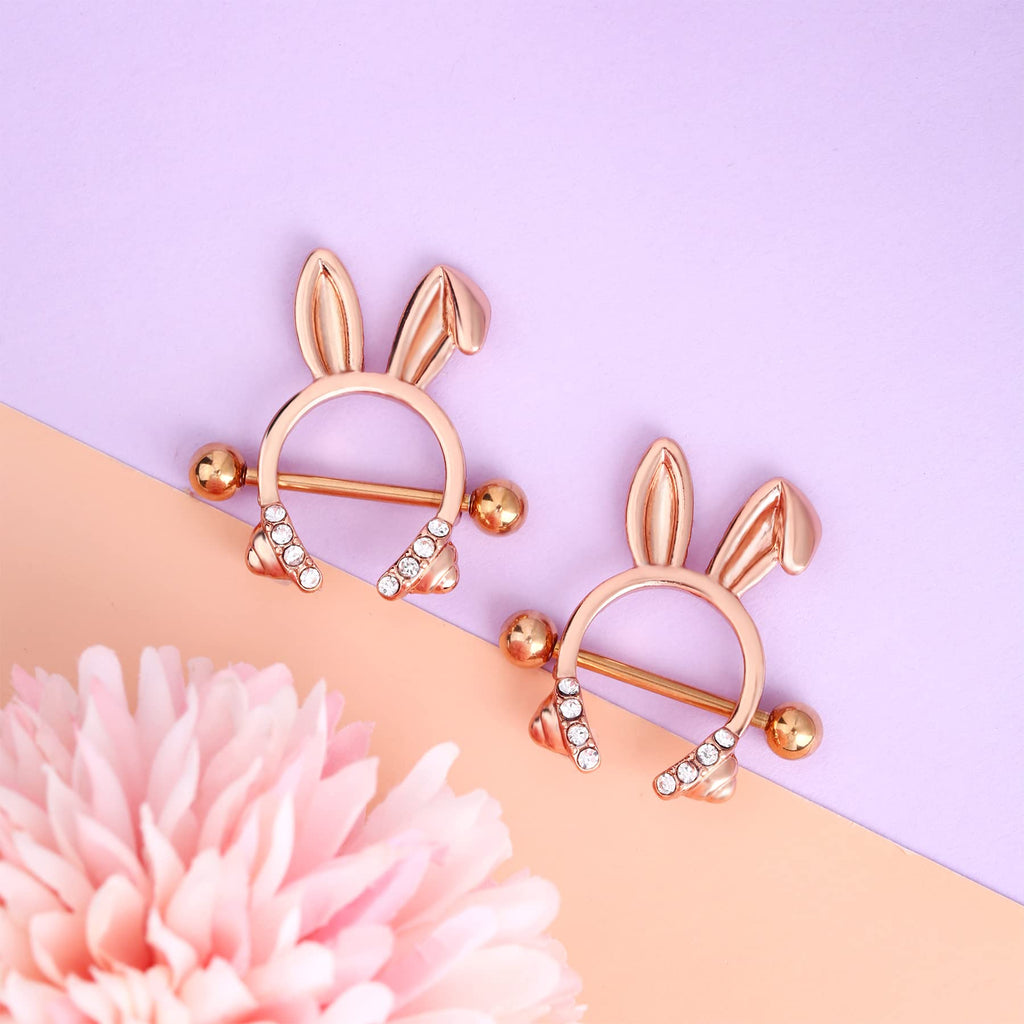 Dainty Rabbit Nipple Rings 14G Rosy Bunny Ear Clear CZ Nipple Piercing Barbell Surgical Steel 316L Piercing Jewelry for Women - QIAO Crystal我的商店QIAO Crystal