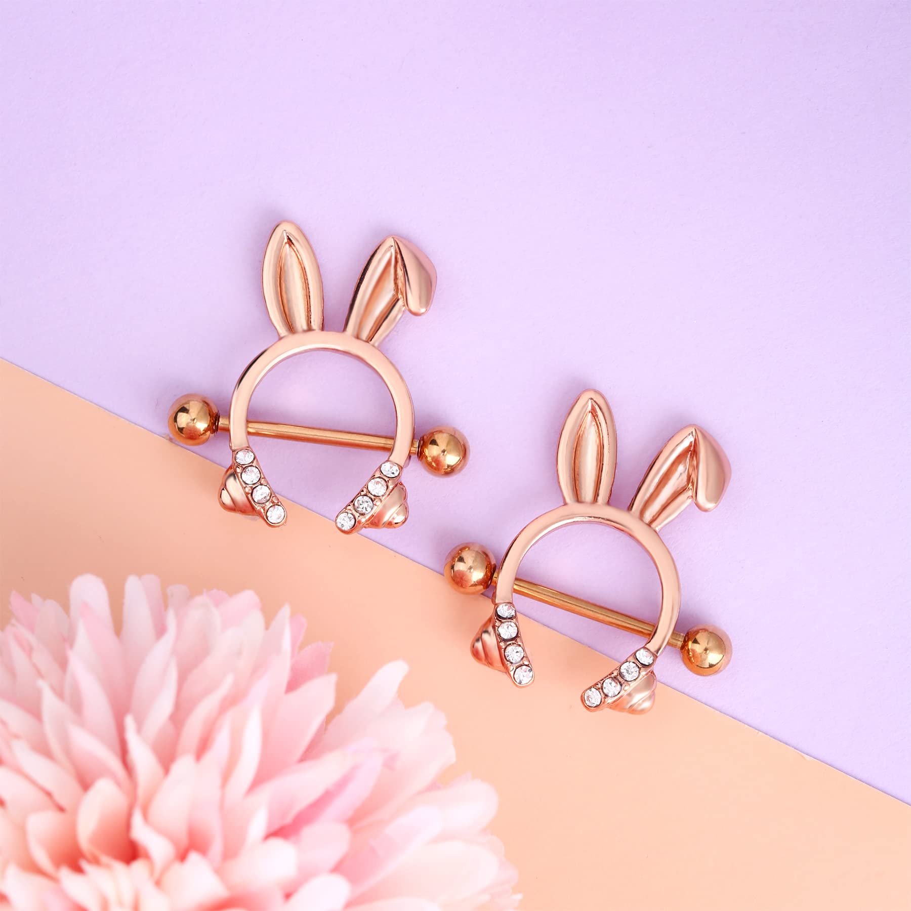 Dainty Rabbit Nipple Rings 14G Rosy Bunny Ear Clear CZ Nipple Piercing Barbell Surgical Steel 316L Piercing Jewelry for Women - QIAO Crystal我的商店QIAO Crystal