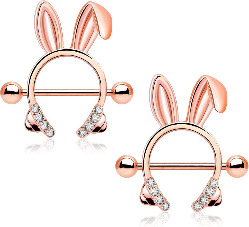  Dainty Rabbit Nipple Rings 14G Rosy Bunny Ear Clear CZ Nipple Piercing Barbell Surgical Steel 316L Piercing Jewelry for Women - QIAO CrystalQIAO CrystalQIAO Crystal