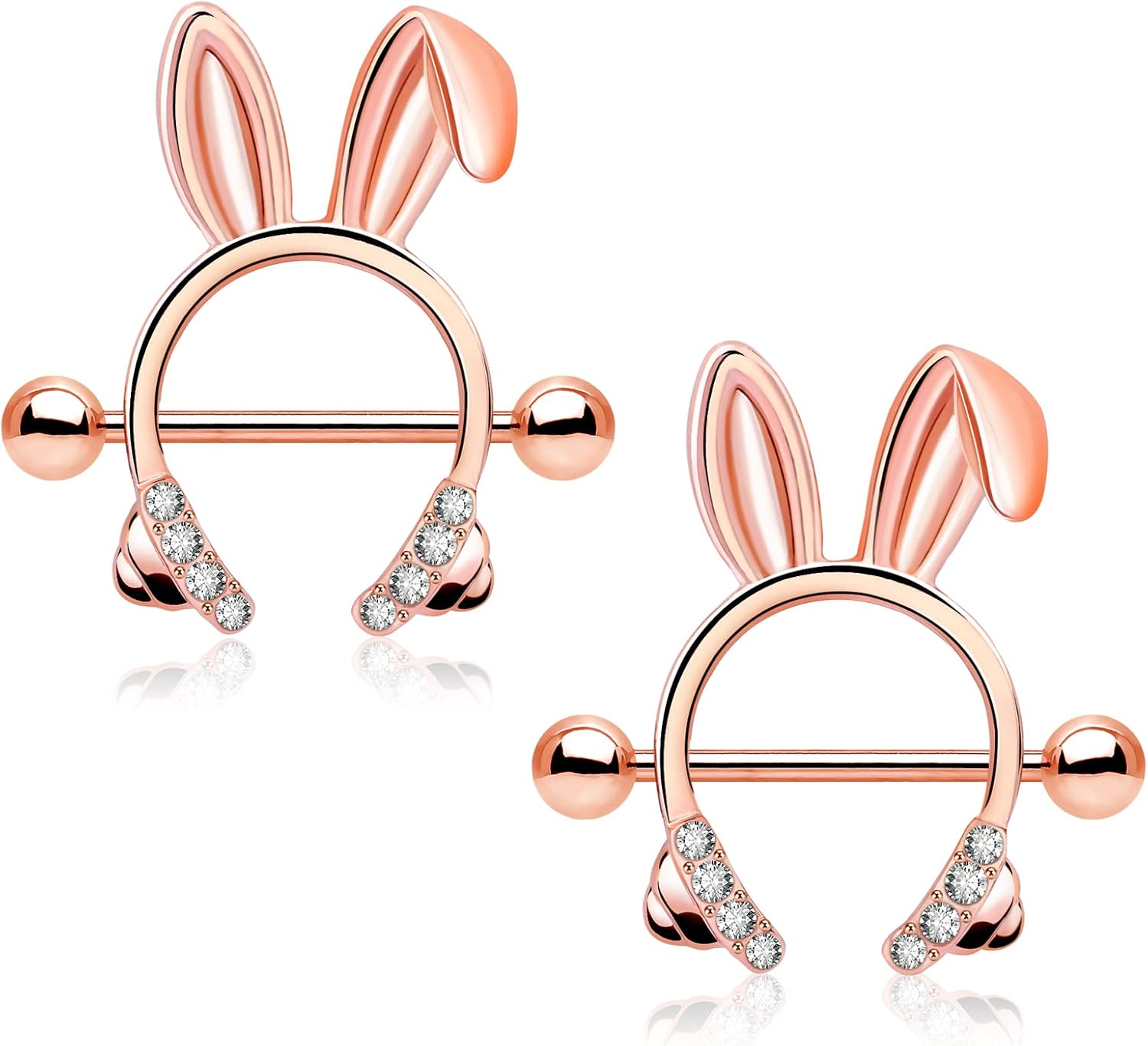  Dainty Rabbit Nipple Rings 14G Rosy Bunny Ear Clear CZ Nipple Piercing Barbell Surgical Steel 316L Piercing Jewelry for Women - QIAO CrystalQIAO CrystalQIAO Crystal