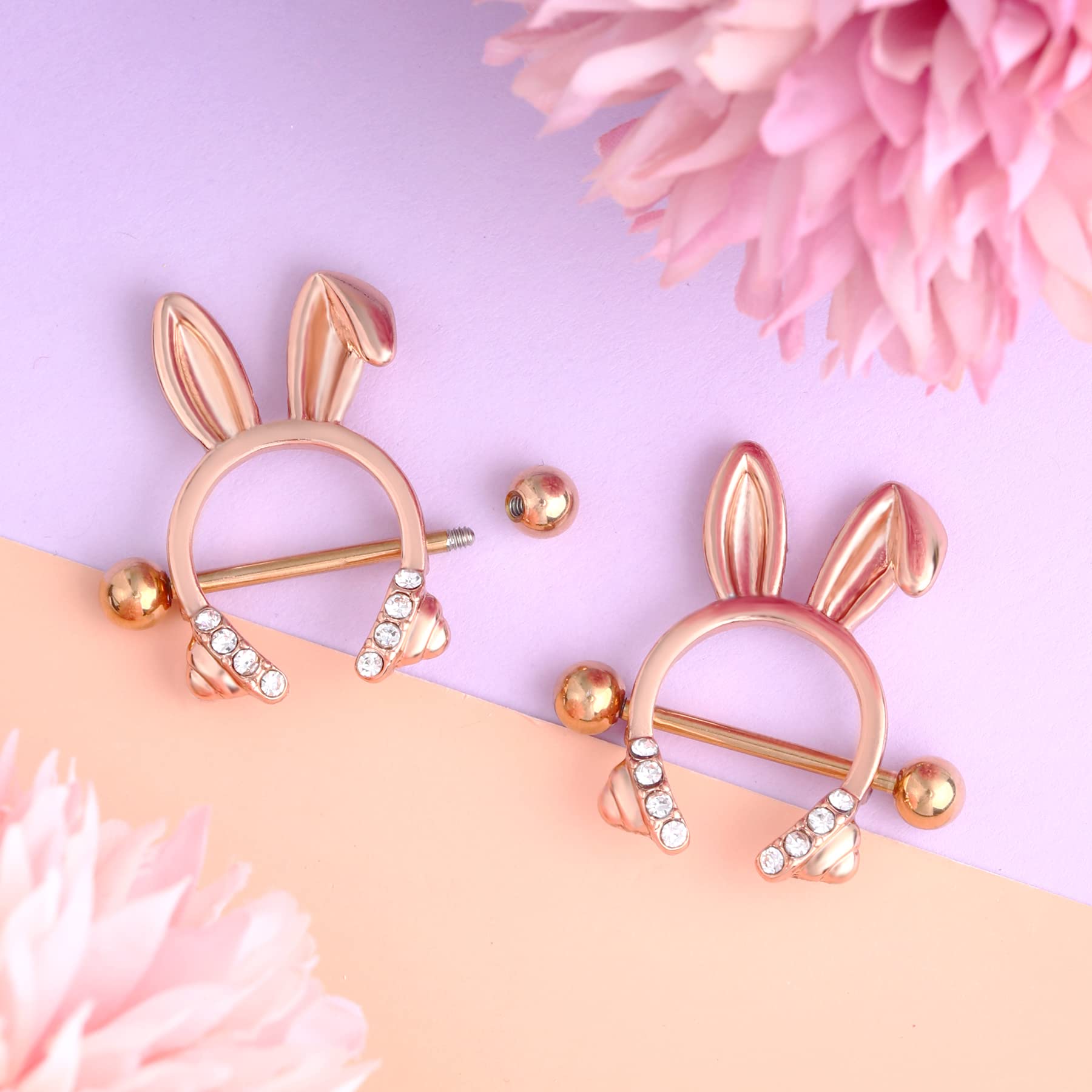 Dainty Rabbit Nipple Rings 14G Rosy Bunny Ear Clear CZ Nipple Piercing Barbell Surgical Steel 316L Piercing Jewelry for Women - QIAO Crystal我的商店QIAO Crystal