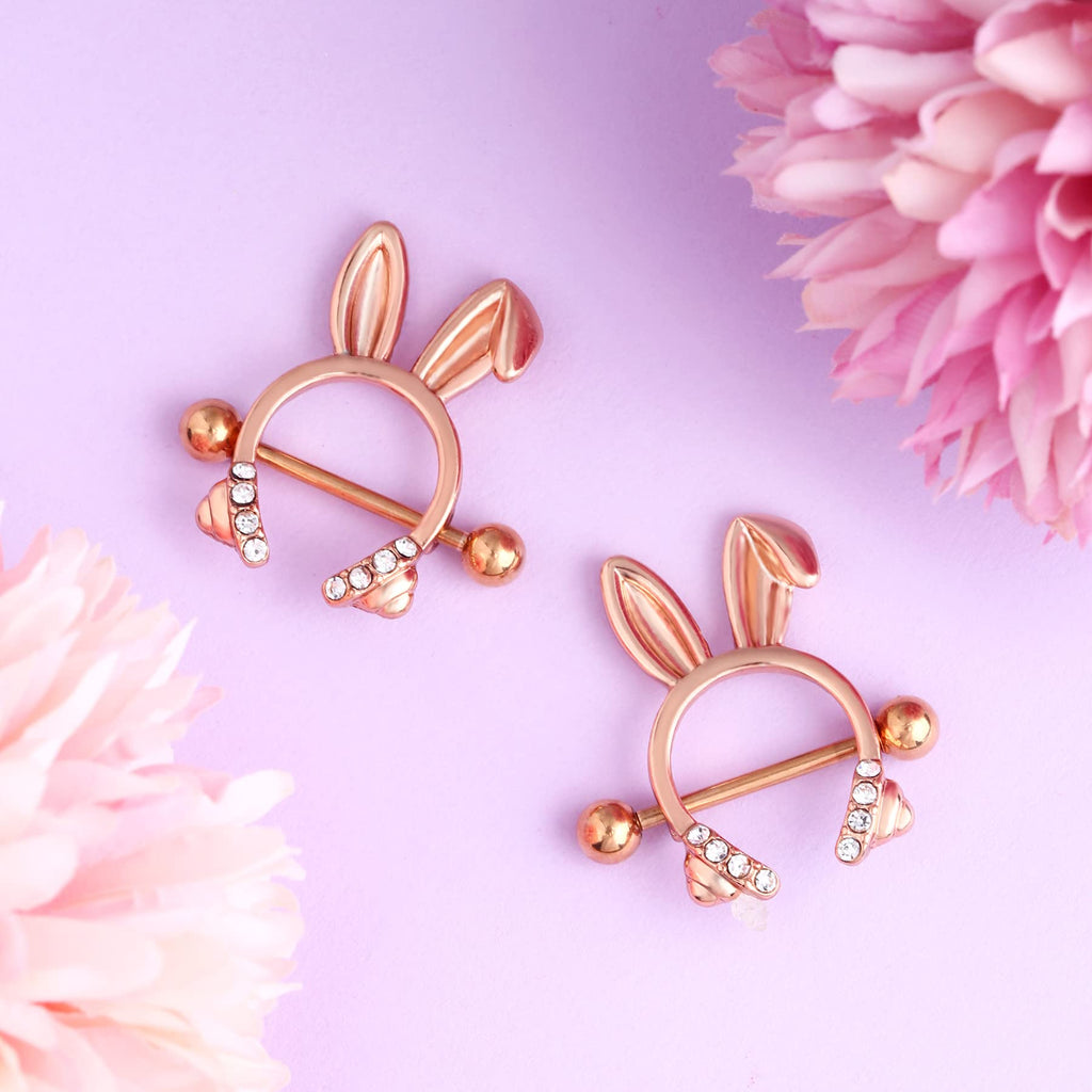 Dainty Rabbit Nipple Rings 14G Rosy Bunny Ear Clear CZ Nipple Piercing Barbell Surgical Steel 316L Piercing Jewelry for Women - QIAO Crystal我的商店QIAO Crystal