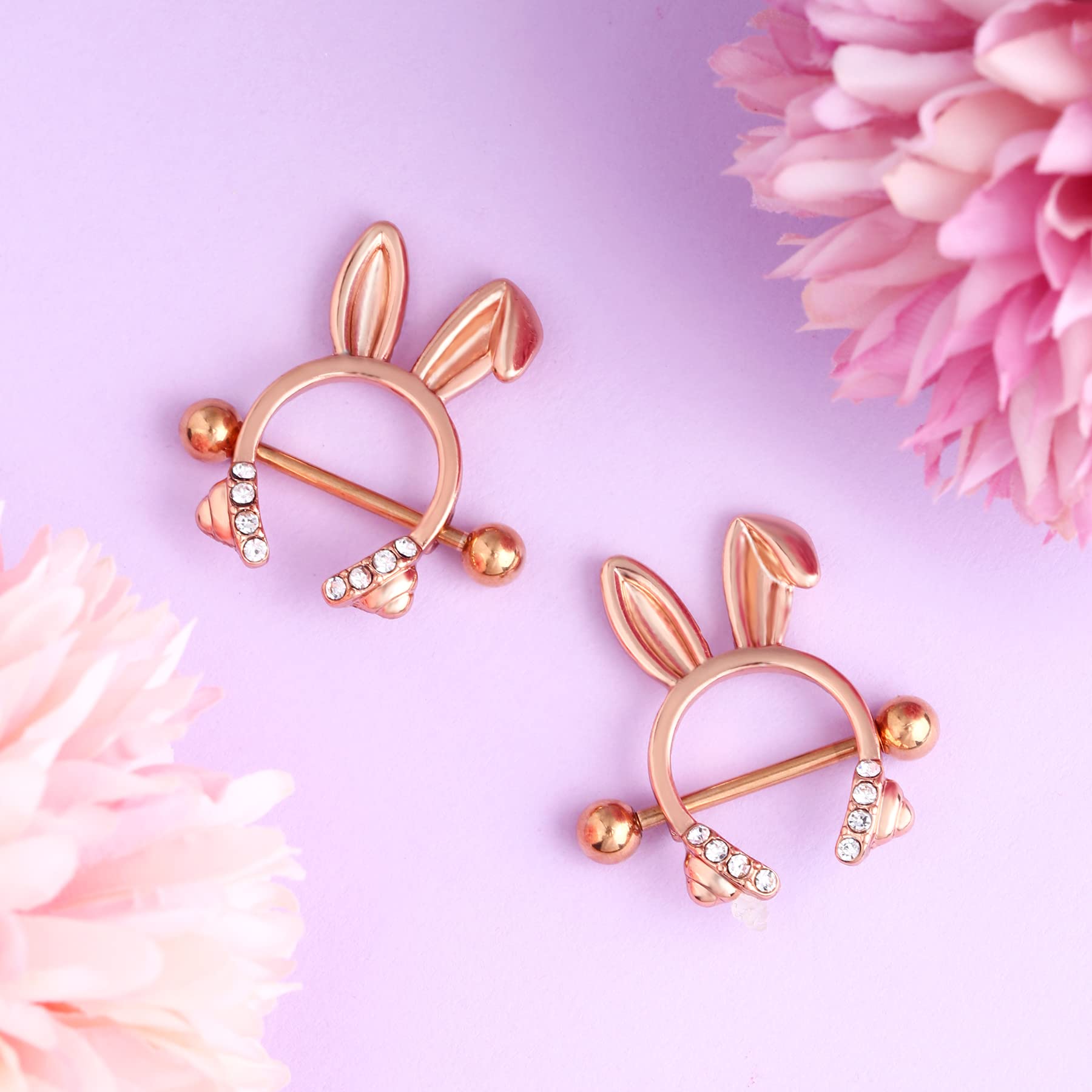 Dainty Rabbit Nipple Rings 14G Rosy Bunny Ear Clear CZ Nipple Piercing Barbell Surgical Steel 316L Piercing Jewelry for Women - QIAO Crystal我的商店QIAO Crystal
