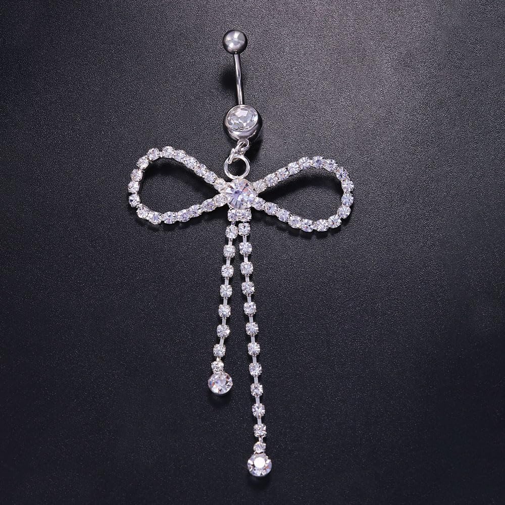 Dainty Rhinestone Bow Dangle Navel Ring for Women Fashion Statement Long Tassel Bowknot Crystal Drop Belly Button Rings Silver Sparkly CZ Barbell Stud Sexy Body Piercing Jewelry - QIAO CrystalQIAO CrystalQIAO Crystal