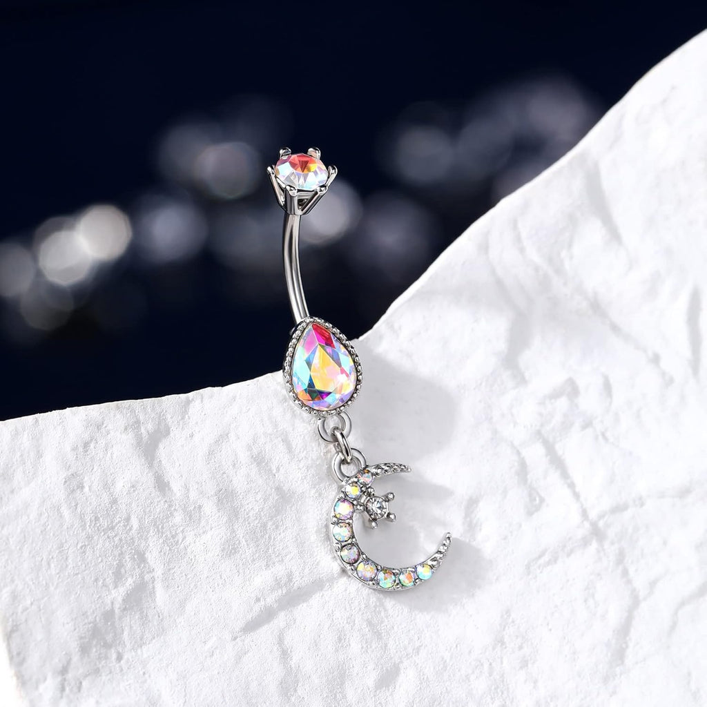 Dangle Belly Button Ring 14G Moon Dangly Belly Navel Rings for Women Belly Piercing Jewelry Dangling Stainless Steel - 我的商店我的商店我的商店