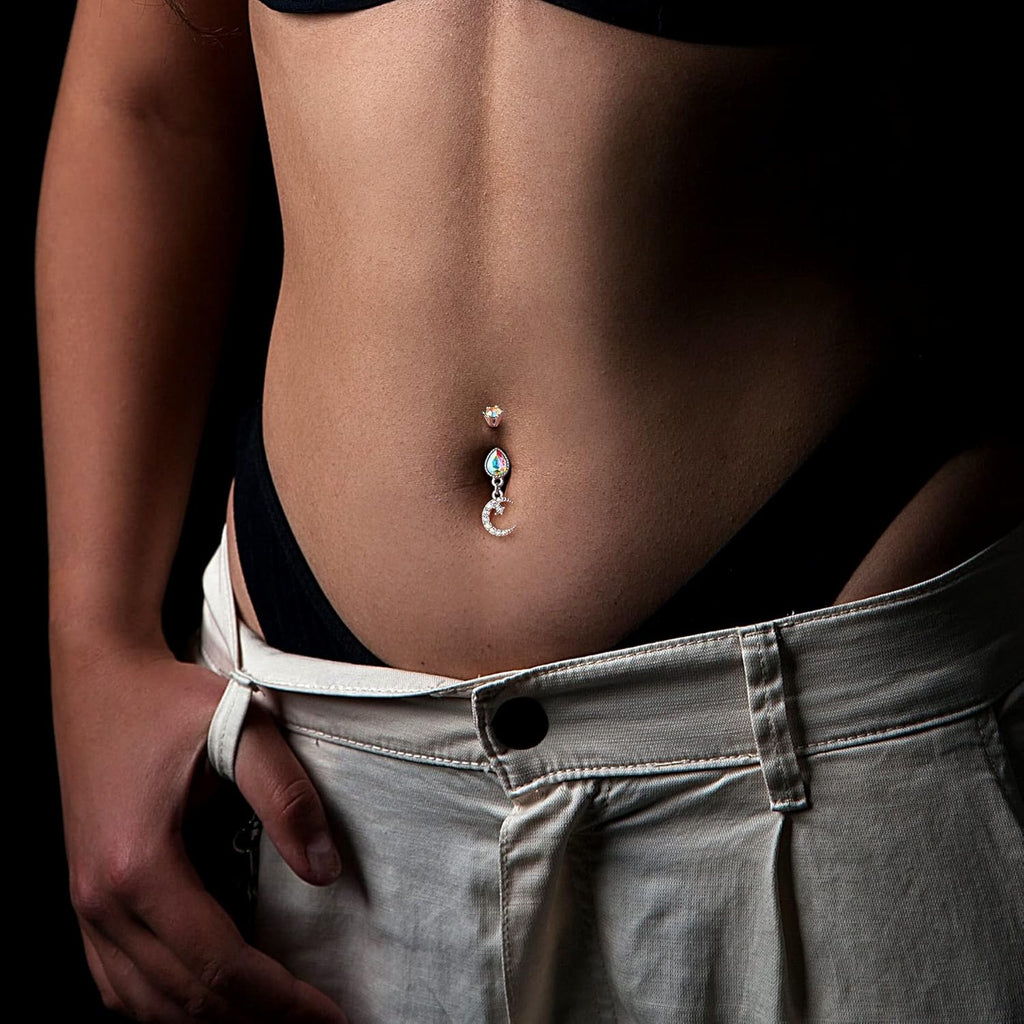 Dangle Belly Button Ring 14G Moon Dangly Belly Navel Rings for Women Belly Piercing Jewelry Dangling Stainless Steel - 我的商店我的商店我的商店
