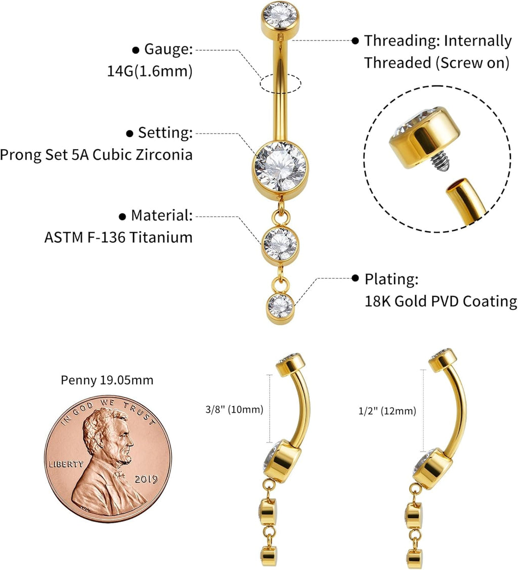 Dangle Belly Button Rings 14G 10mm 12mm - ASTM F136 Implant Grade Real Titanium Belly Ring, Internally Threaded Hypoallergenic Navel Piercing Jewelry for Gift idea (Clear) - 我的商店我的商店我的商店